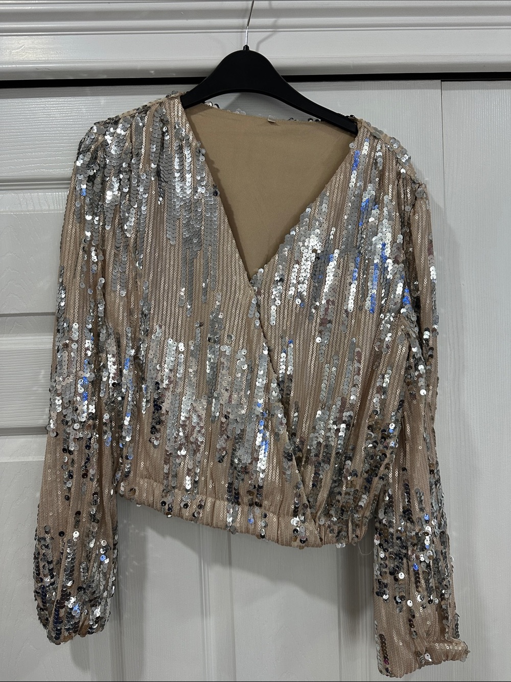 Sequined V-Neck Wrap Top in Nude